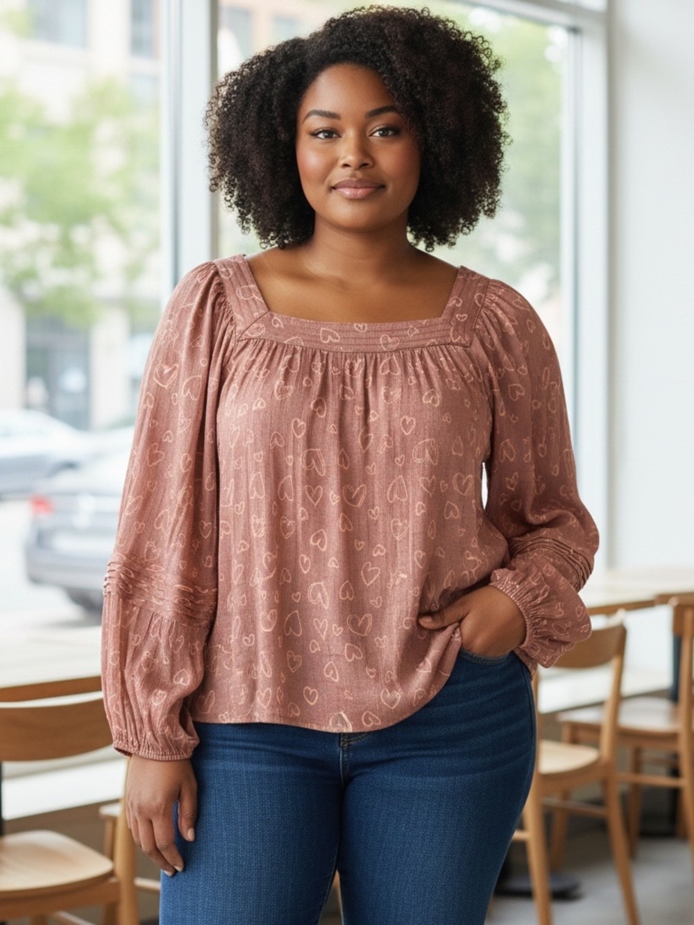 LC Lauren Conrad Rose Taupe Heart Print Square-Neck Blouse
